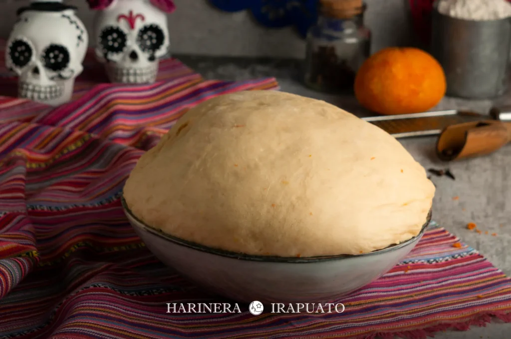 Masa de pan de muerto antes y después del primer levado
